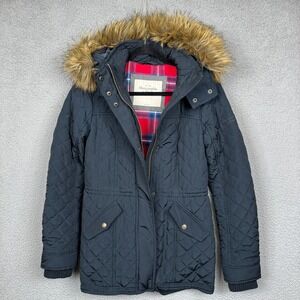 VTG‎ Abercrombie Parka Women S Blue Plaid Lined Faux Fur Hood Preppy Quilted Y2K